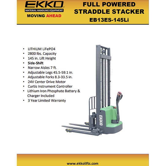 EKKO Lithium Straddle Stacker 2640 lb Cap., 145" Height, Side Shift EB13ES-145Li