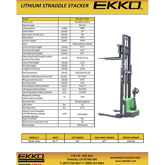 EKKO Lithium Straddle Stacker 2640 lb Cap., 145" Height, Side Shift EB13ES-145Li