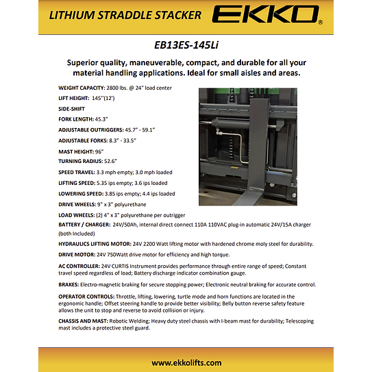 EKKO Lithium Straddle Stacker 2640 lb Cap., 145" Height, Side Shift EB13ES-145Li