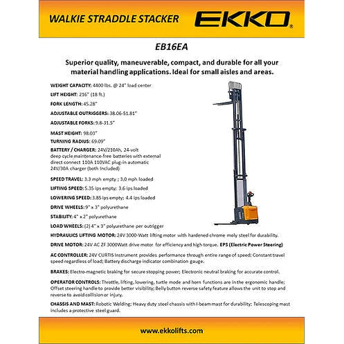 EKKO Full Powered Straddle Stacker 4400 lb Cap., 216" Height EB16EA