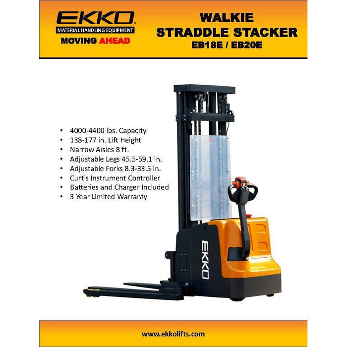 EKKO Full Powered Straddle Stacker 4400 lb Cap., 177" Height EB20E