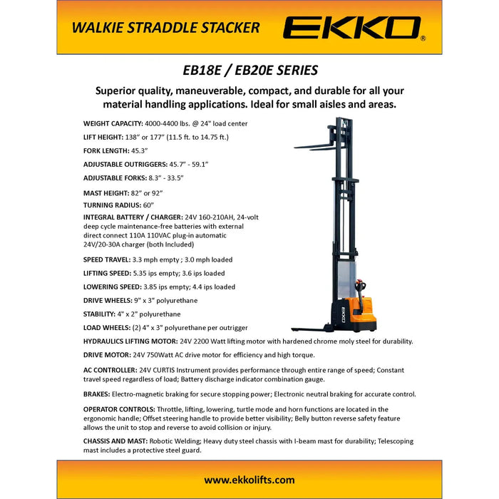 EKKO Full Powered Straddle Stacker 4400 lb Cap., 177" Height EB20E