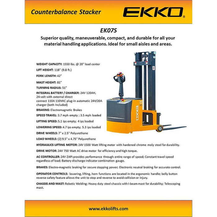 EKKO Counterbalance Walkie Stacker 1550lbs. Cap., 118" Height EK07S