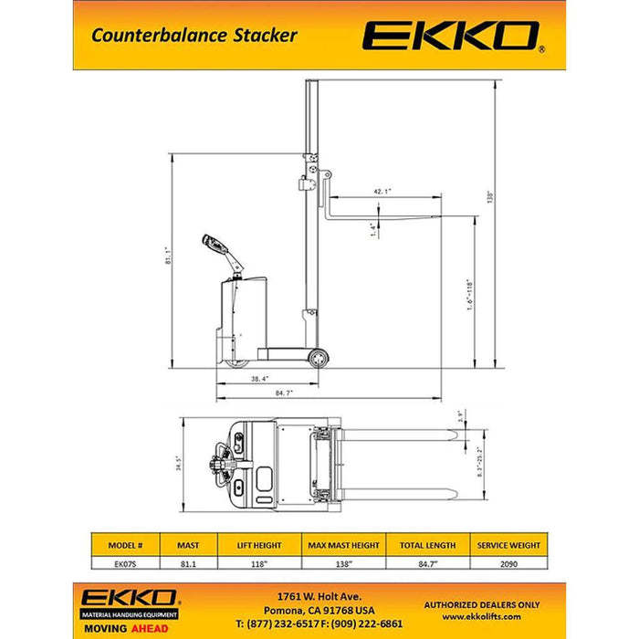 EKKO Counterbalance Walkie Stacker 1550lbs. Cap., 118" Height EK07S