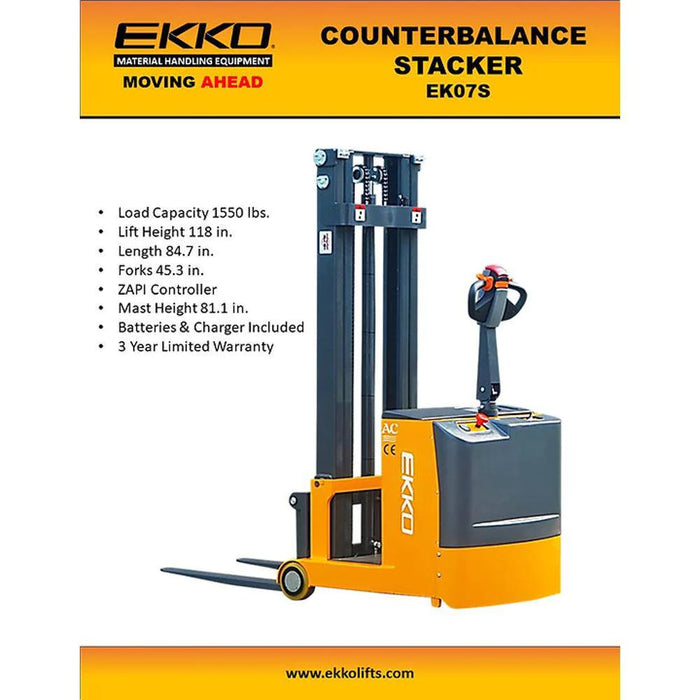 EKKO Counterbalance Walkie Stacker 1550lbs. Cap., 118" Height EK07S