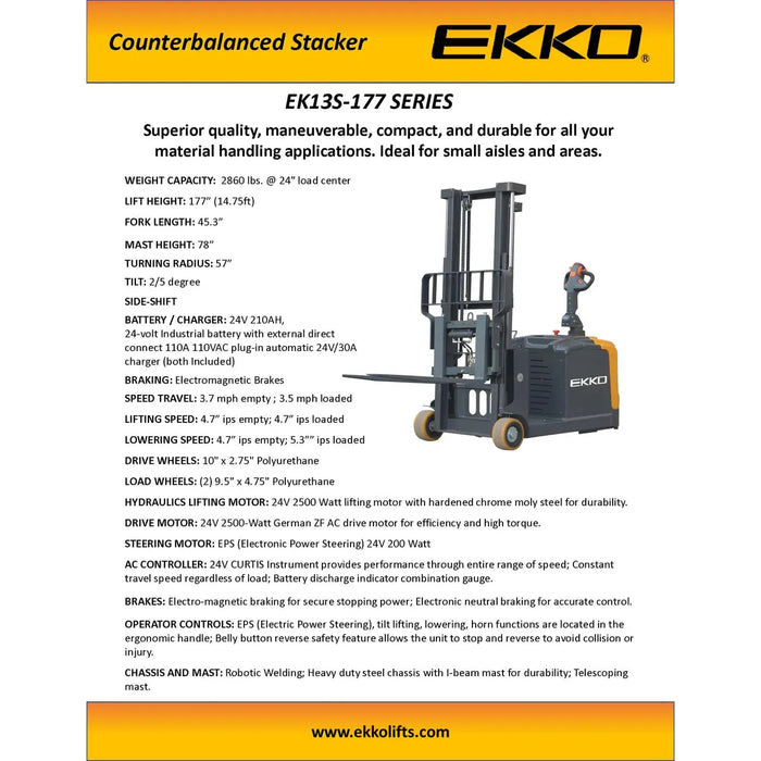 EKKO Counterbalanced Walkie Stacker SIDE-SHIFTING EK13S-177