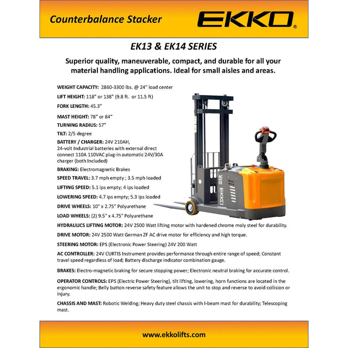 EKKO Counterbalanced Walkie Stacker 3300 lb Cap., 130" Height EK14-130