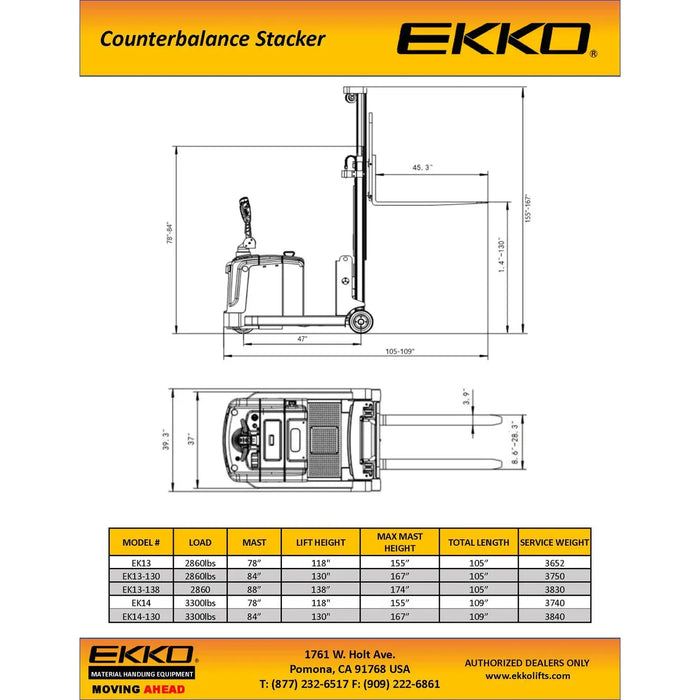 EKKO Counterbalanced Walkie Stacker 3300 lb Cap., 130" Height EK14-130