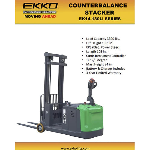 EKKO Lithium Powered Counterbalanced Walkie Stacker EK14-130Li