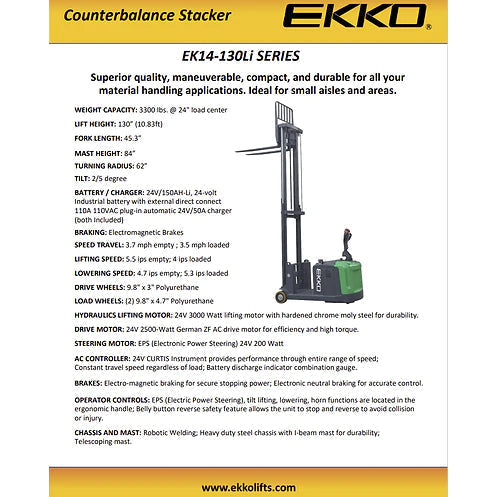 EKKO Lithium Powered Counterbalanced Walkie Stacker EK14-130Li