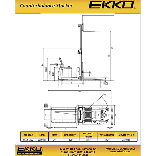 EKKO Lithium Powered Counterbalanced Walkie Stacker EK14-130Li