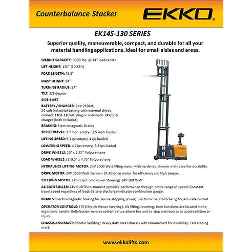 EKKO Counterbalanced Walkie Stacker SIDE-SHIFTING EK14S-130