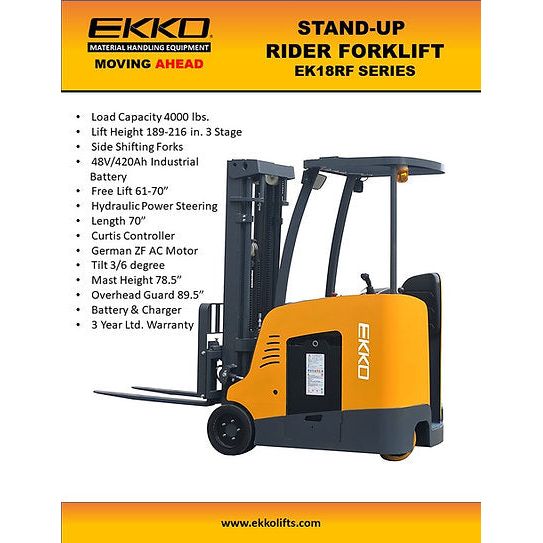 EKKO Electric Forklift | Stand up Rider | 4000 lbs. Capacity | Lift Height 189'' | EK18RFL