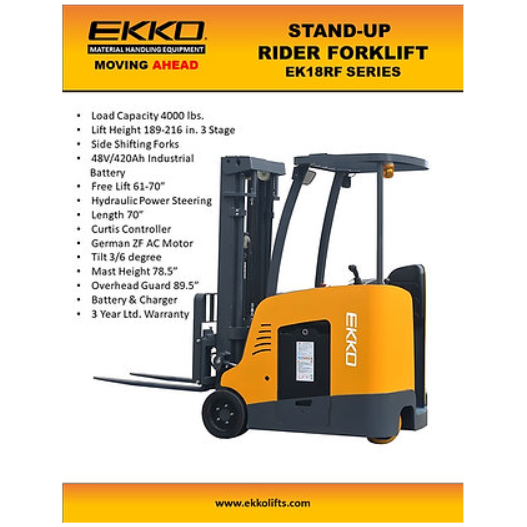 EKKO Electric Forklift | Stand up Rider | 4000 lbs. Capacity | Lift Height 189'' | EK18RFL