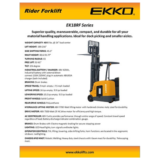 EKKO Electric Forklift | Stand up Rider | 4000 lbs. Capacity | Lift Height 189'' | EK18RFL