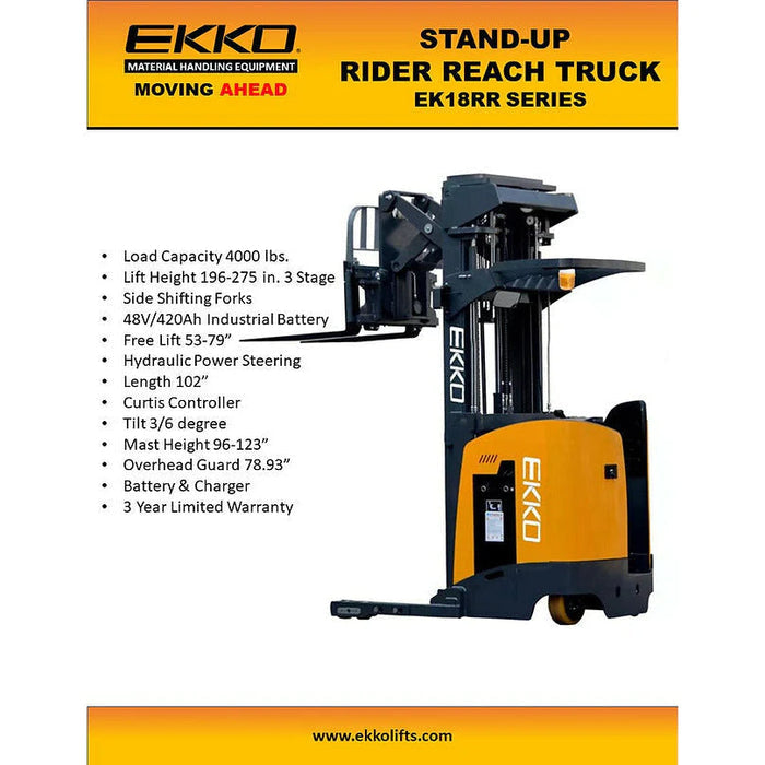 EKKO Stand-Up NA Reach Truck 4000 lb Cap., 275"Lift Ht. EK18RR