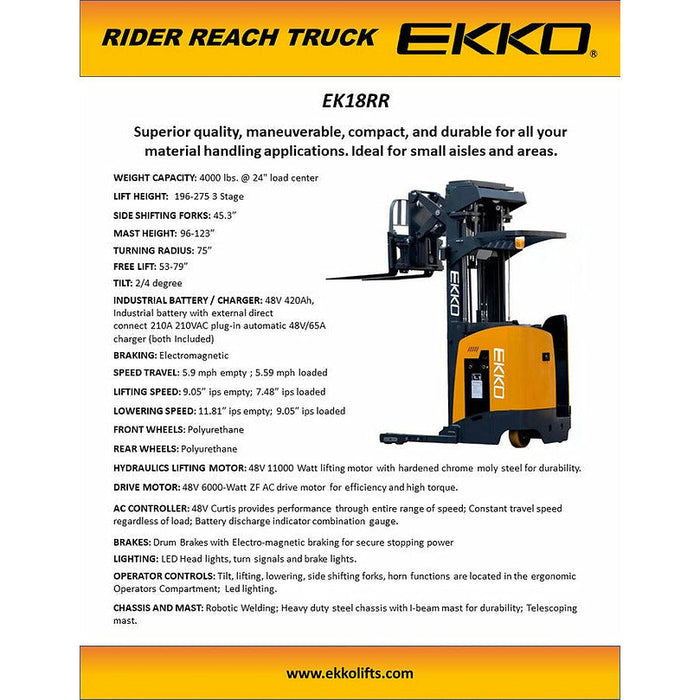 EKKO Stand-Up NA Reach Truck 4000 lb Cap., 196"Lift Ht. EK18RRL