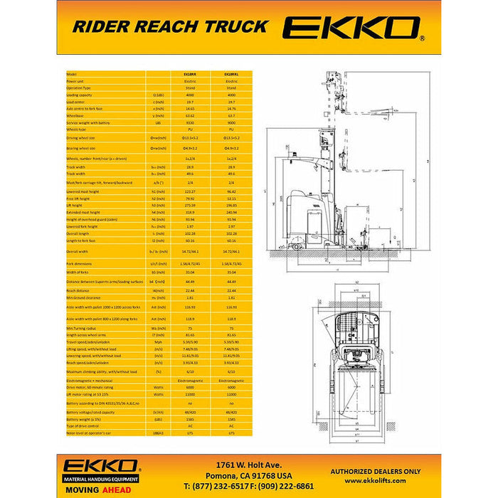 EKKO Stand-Up NA Reach Truck 4000 lb Cap., 196"Lift Ht. EK18RRL