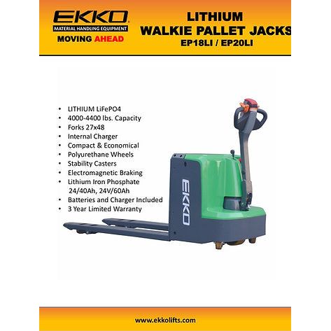 EKKO Lithium Iron Walkie Pallet Jack 4000 lb Capacity EP18Li