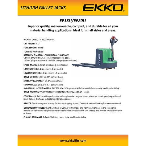 EKKO Lithium Iron Walkie Pallet Jack 4000 lb Capacity EP18Li