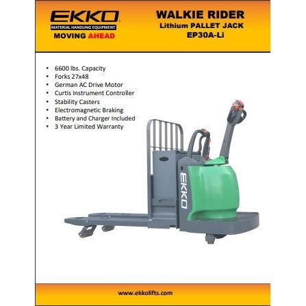 EKKO Lithium Rider Pallet Jack 6600lbs. Capacity EP30A-Li