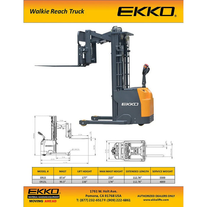 EKKO Electric Walkie Reach Truck | 3300 lbs. Capacity | Lift Height 177''| ER15