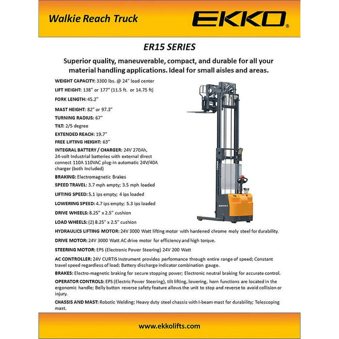 EKKO Electric Walkie Reach Truck | 3300 lbs. Capacity | Lift Height 177''| ER15