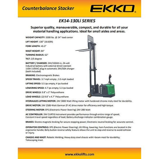 EKKO Lithium Counterbalanced Walkie Stacker SIDE-SHIFTING EK14S-130Li