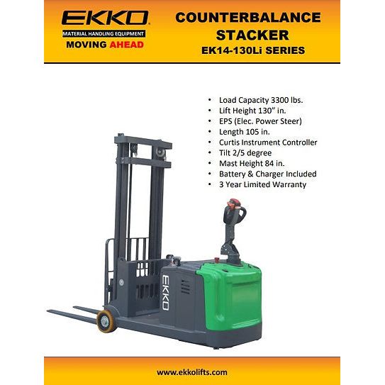 EKKO Lithium Counterbalanced Walkie Stacker SIDE-SHIFTING EK14S-130Li