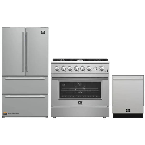FORNO 3-Piece Appliance Package - 36-Inch Marco Gas Range, French Door Refrigerator, & Dishwasher in Stainless Steel FBDL-009-01CAUS