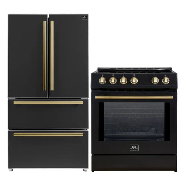 FORNO 2-Piece Appliance Package - 30-Inch Slide-In Induction Range and 36-Inch French Door Refrigerator in Black with Antique Brass Handle FBDL-014-13CAUS