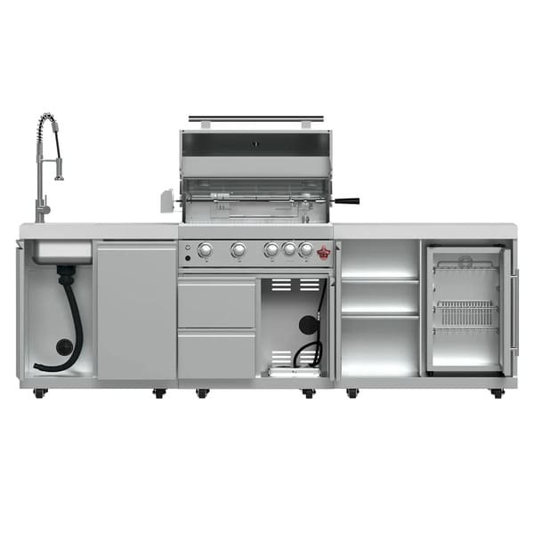 FORNO Bulnes Outdoor Kitchen 30-Inch BBQ 60,000 BTU, with Sear, Rotisserie Infrared Burners, 1.8 Cu.Ft. Beverage Center, & Black/White Countertops