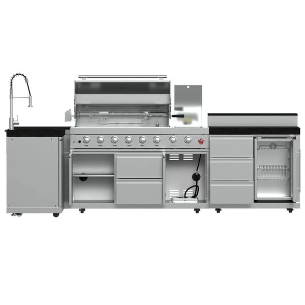 FORNO Bulnes Outdoor Kitchen 40-Inch BBQ 95,000 BTU, with 5 Burners, Sear & Rotisserie Infrared Side Burner, 1.8 cu.ft. Beverage Center & Black/White Countertops