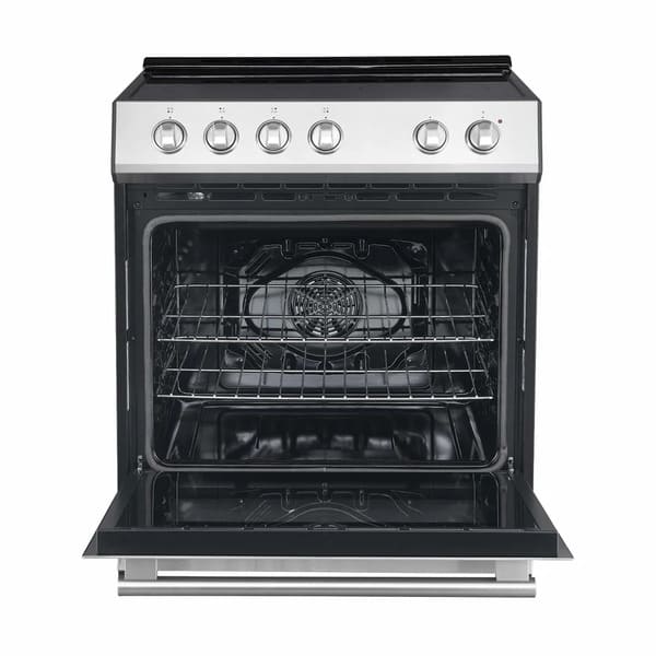 Front view of the FORNO 30-inch electric range in stainless steel with the oven door open, revealing the spacious interior and multiple rack positions.