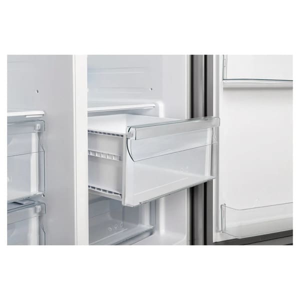 Close-up of the spacious drawers inside the FORNO 36-inch refrigerator with water dispenser in stainless steel, designed for fresh produce and organized storage.