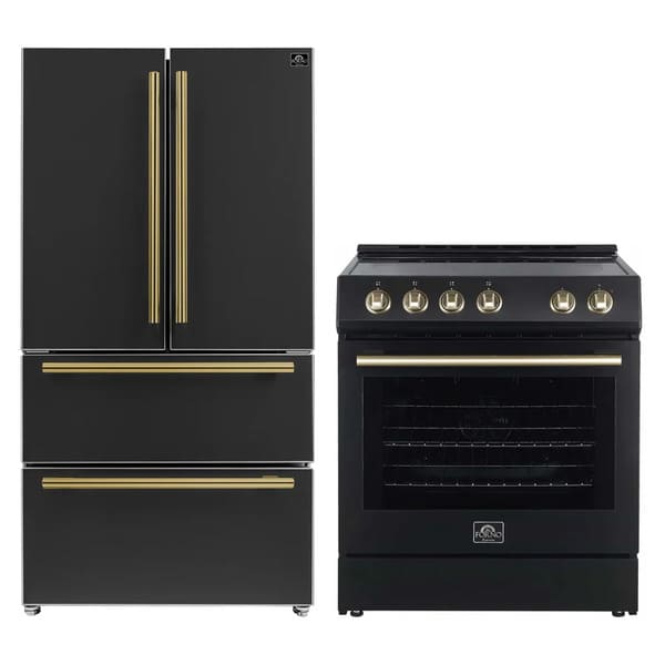 Forno 2-piece appliance package featuring a 30-inch electric range and a 36-inch French door refrigerator in matching black finish with antique brass handles, displayed side by side in a modern kitchen setting.
