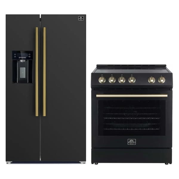 FORNO 2-piece kitchen appliance package featuring a 30-inch electric range with oven and a 36-inch side-by-side refrigerator in a sleek, modern finish.