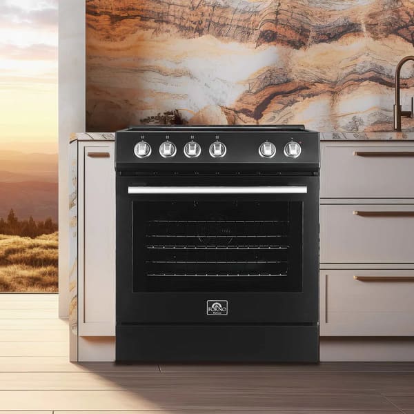 Lifestyle view of the FORNO 30-inch electric range from the 2-piece appliance package, seamlessly integrated into a contemporary kitchen with coordinating countertops and backsplash.