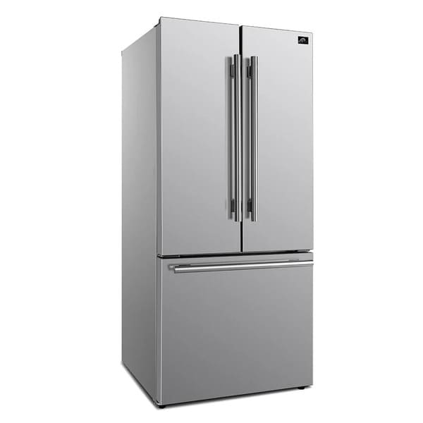 Front left angled view of the Forno 30-inch French door refrigerator in stainless steel, showcasing its sleek finish, dual French doors, and bottom freezer drawer in a compact, contemporary design.