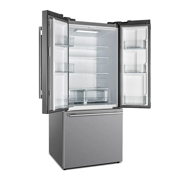 Front left angled view of the Forno 30-inch French door refrigerator in stainless steel with both doors open, displaying a spacious interior layout with adjustable glass shelves, clear bins, and crisper drawers for organized storage.