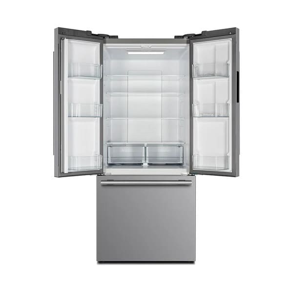 Front view of the Forno 30-inch French door refrigerator in stainless steel with both doors open, revealing a bright, organized interior with adjustable shelves, clear door bins, and dual crisper drawers for efficient food storage.