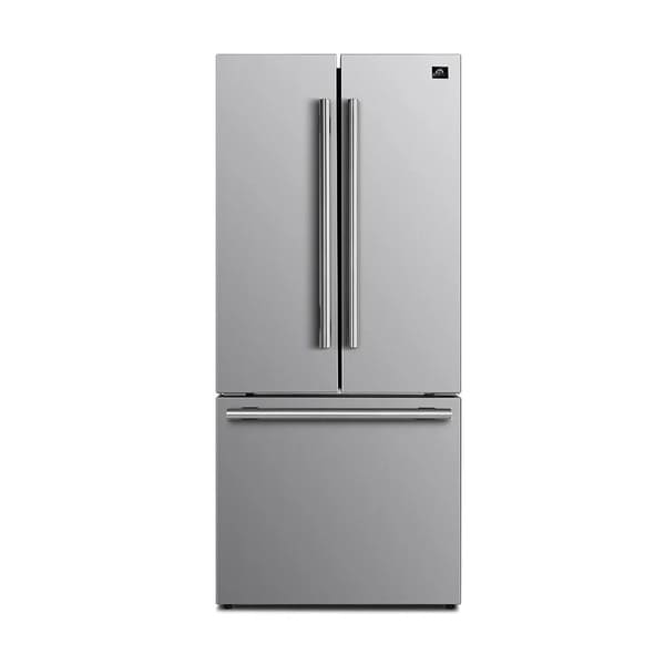 Front view of the Forno 30-inch French door refrigerator in stainless steel, featuring sleek double doors, a bottom freezer drawer, and minimalist handles for a modern, streamlined kitchen aesthetic.