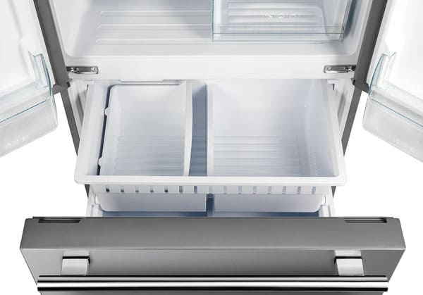 Top-down view of the FORNO 30-inch French door refrigerator from the 2-Piece Appliance Package with the lower freezer drawer open, showing organized interior compartments and deep storage space—ideal for neatly storing frozen items with easy visibility and access.