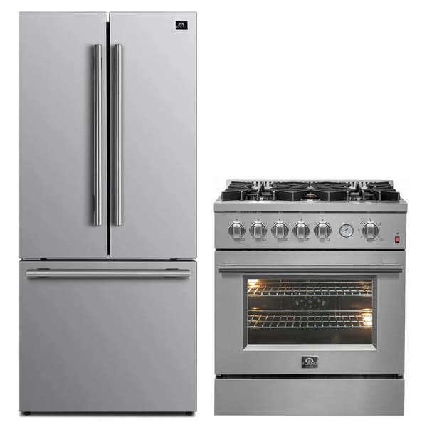 Front view of the FORNO 2-Piece Appliance Package featuring a 30-inch gas range with multiple sealed burners and a stainless steel oven, alongside a 30-inch French door refrigerator with sleek handles and a bottom freezer—designed to deliver performance and style in compact kitchen spaces.