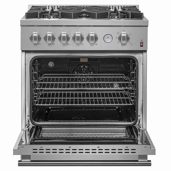 Front view of the FORNO 30-inch gas range from the 2-Piece Appliance Package with the oven door open, revealing a spacious stainless steel oven cavity, multiple rack positions, and interior lighting—designed for versatile, high-performance baking and roasting.