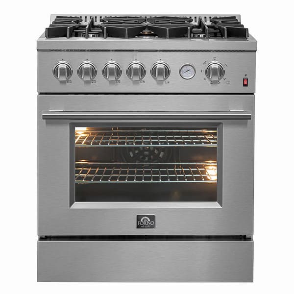 Front view of the FORNO 30-inch gas range from the 2-Piece Appliance Package, showcasing a sleek stainless steel exterior, four high-performance sealed burners, a large oven window, and professional-style control knobs—designed for compact, high-efficiency cooking.