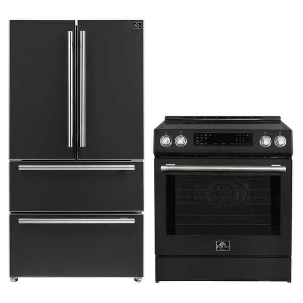 FORNO 2-piece appliance package featuring a 30-Inch Induction Range and a 36-Inch French Door Refrigerator in Black, presented together with matching finishes for a sleek, modern kitchen aesthetic.
