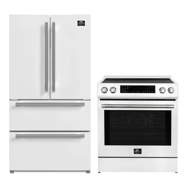 FORNO 2-Piece Appliance Package in white, featuring a 30-inch induction range and a 36-inch French door refrigerator with a sleek, modern finish—designed for a cohesive and stylish kitchen upgrade.