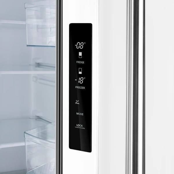 Close-up view of the control panel on the Forno 30-inch refrigerator in white, featuring a digital display with temperature settings, touch controls, and mode indicators for precise cooling management.