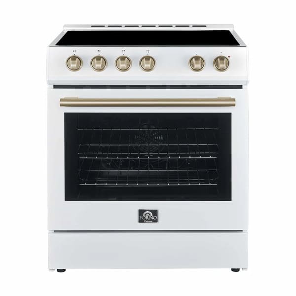 Front view of the Forno 30-inch Leonardo electric range featuring antique brass knobs and handle, combining a smooth cooktop and a large oven window with vintage-inspired detailing for a sophisticated kitchen centerpiece.
